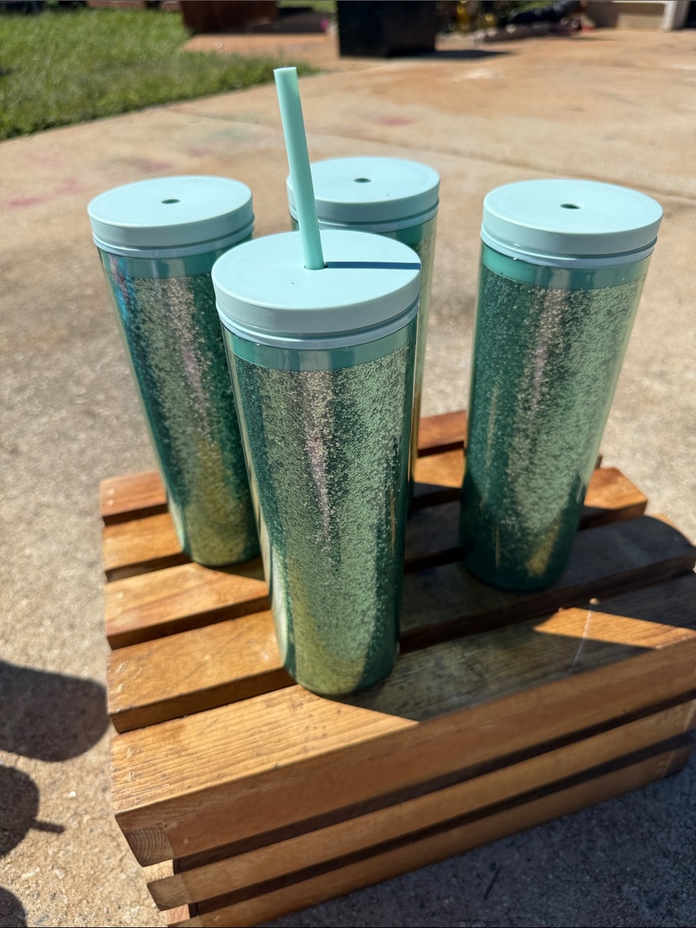Glitter Teal Reusable Tumbler with Straw - Set of 4